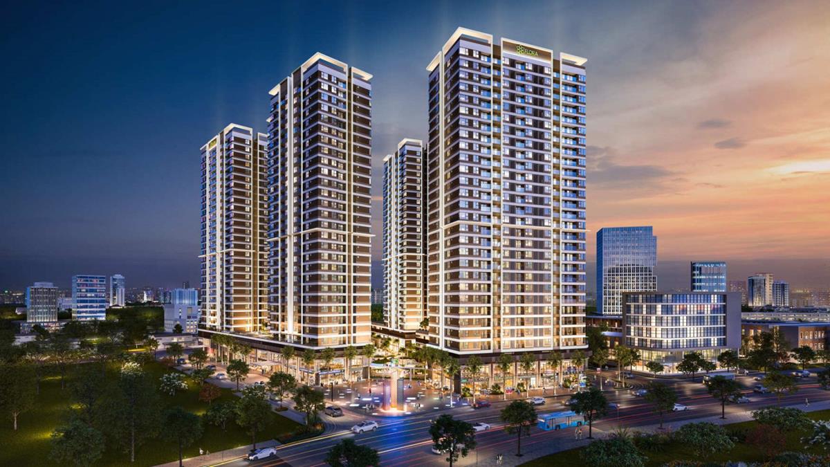 Phối cảnh dự kiến Akari City giai đoạn 2 gồm 1 tầng hầm, 29 tầng cao gồm khối tầng tiện ích, dịch vụ thương mại và căn hộ biệt lập theo chuẩn Flora Condominium.